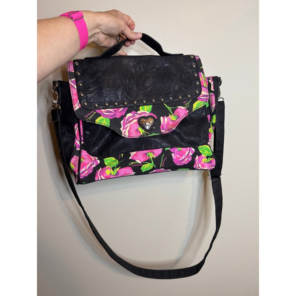 Betseyville Betsey Johnson Pink Rose Floral Messenger Crossbody Bag Studded
